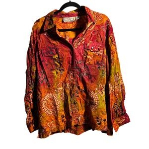 Life Style Orange Floral Embroidered Cotton Tunic Top 1X Tie Dye Button Up Boho